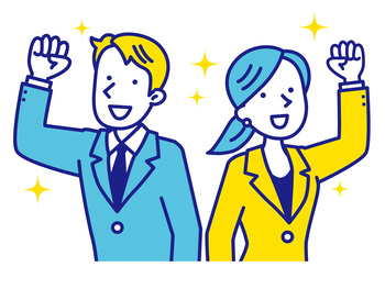 ガッツポーズをするスーツの男女